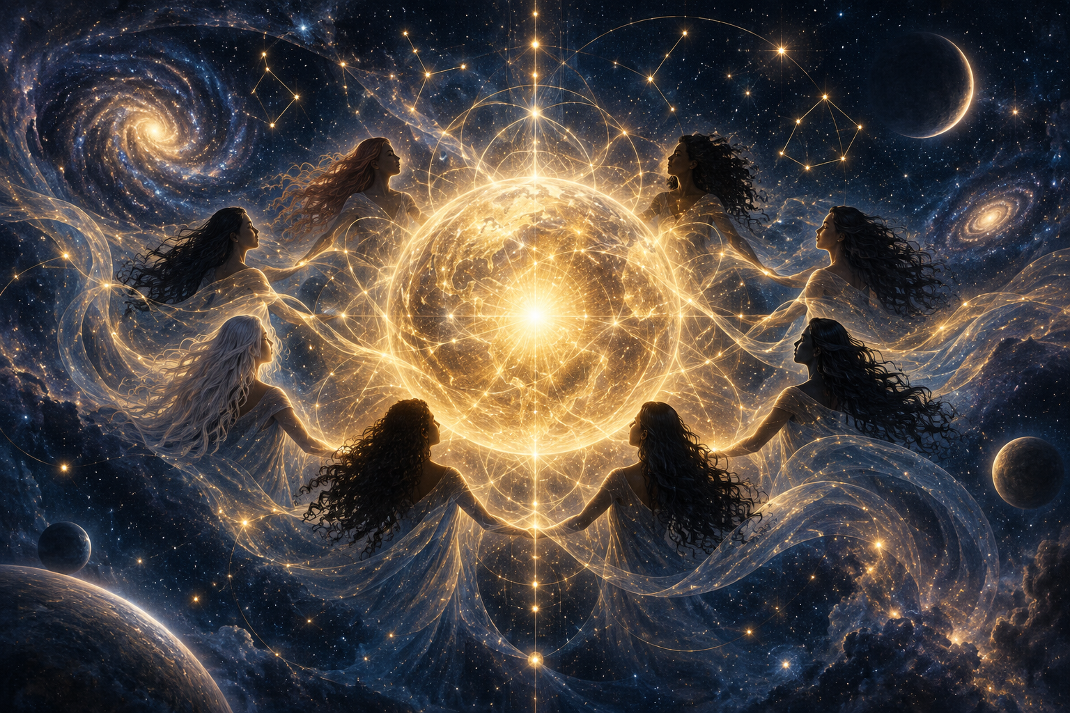 A golden celestial orb radiates through constellations and flowing lines of energy.