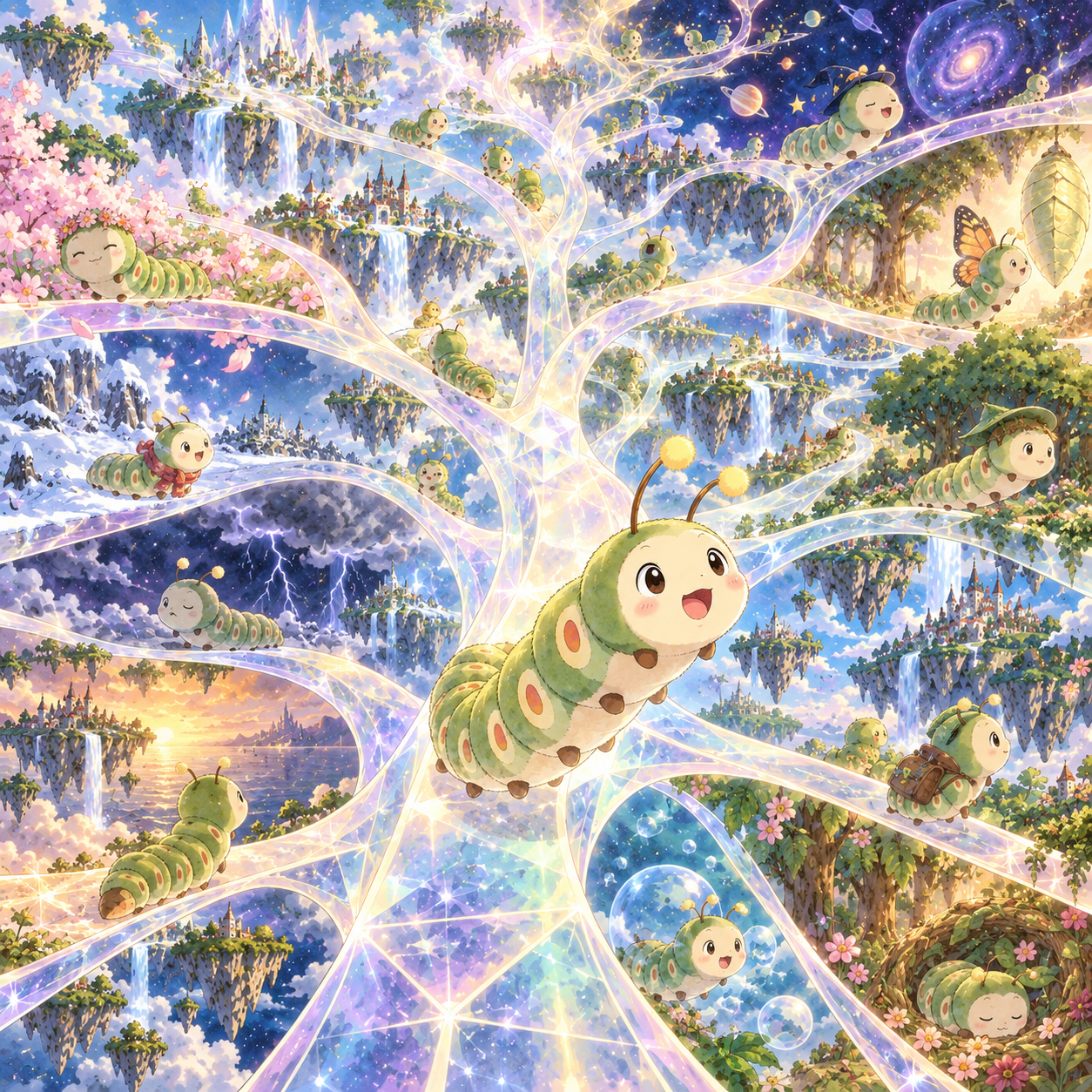 A caterpillar illustration explores the idea of consciousness in a fifth dimension.