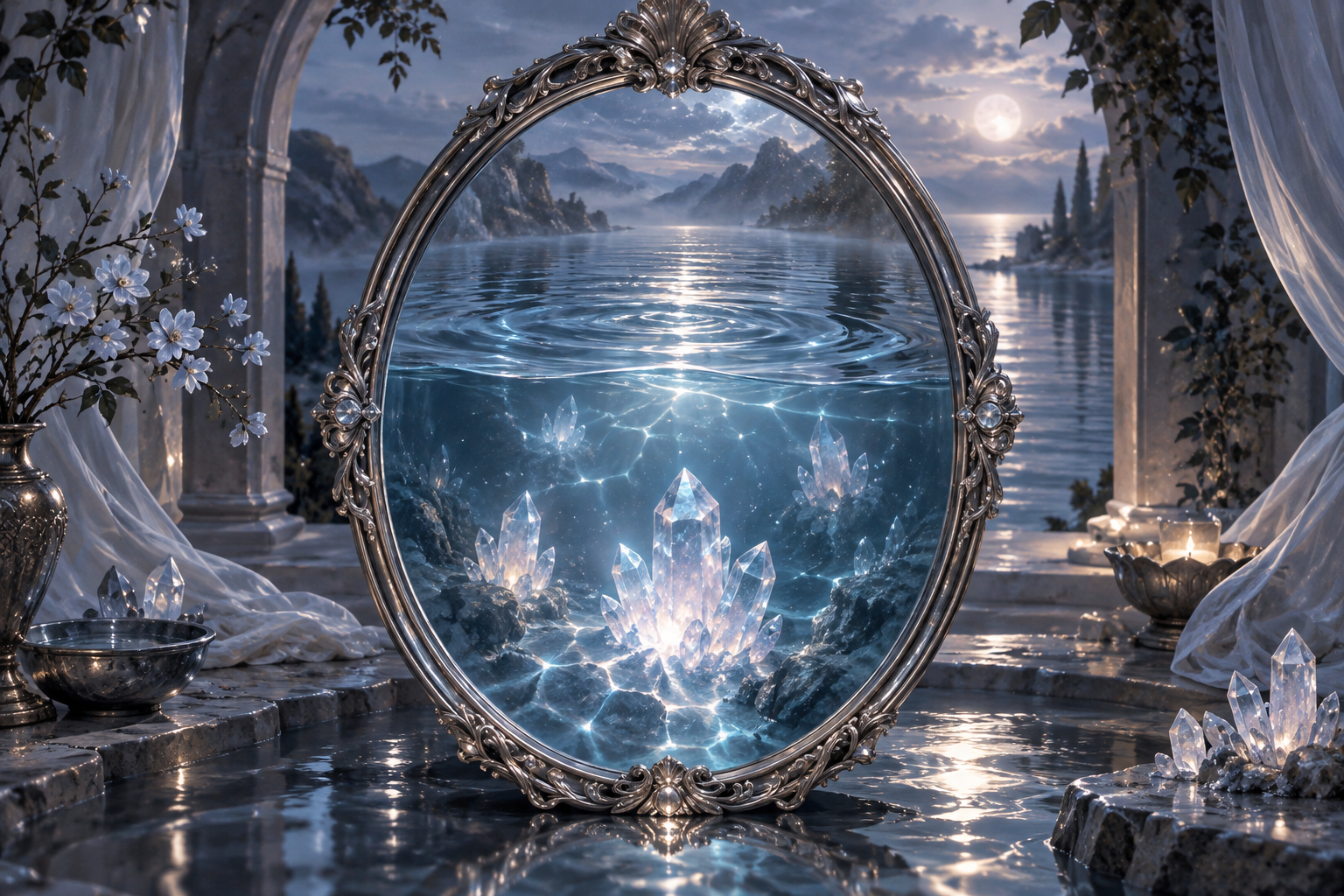 An ornate mirror reflects still water illuminated by glowing quartz crystals.
